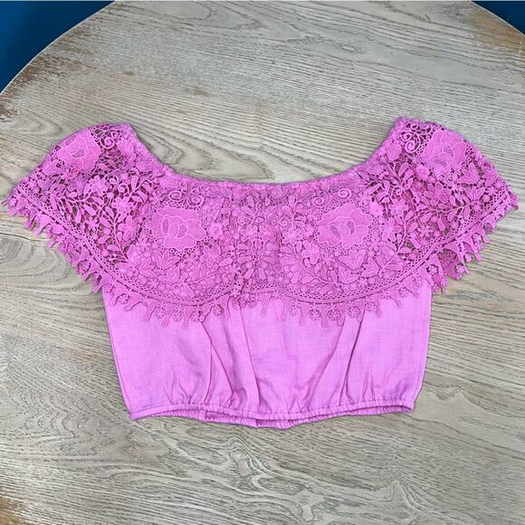 NWT Miguelina Dakota Rosado Linen and Lace Off The Shoulder Crop Top Size Small - Picture 10 of 10